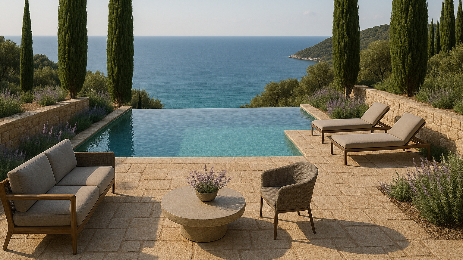 Outdoor patio area with pool, chairs, and table overlooking the ocean.